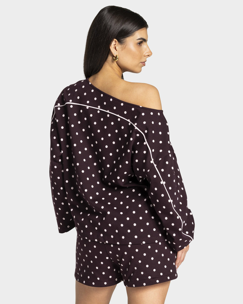 Haut à manches longues Off-Shoulder Contrastline « merlot à pois »